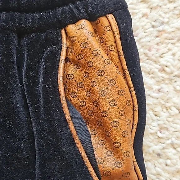 Gucci Dapper Dan Black Velvet Monogram Leather Tan Brown Pocket Sweatpants Track - Picture 3 of 12
